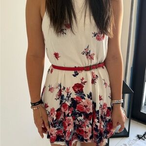 Elegant Floral Mini Dress with Red Accents